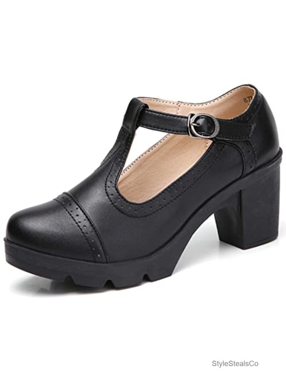 Women's Leather T-Strap Platform Chunky Mid-Heel Mary Jane Square Toe Oxfords